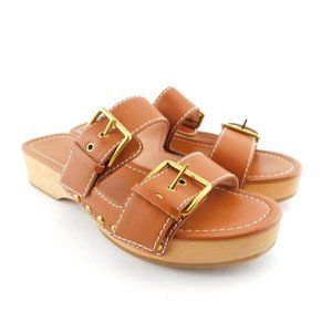 J. CREW Brown Leather Double Buckle Strap Slide Studded Wooden Heel Sandals 6.5